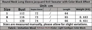 Size chart for crewneck long sleeve jacquard sweater with bust and length measurements
