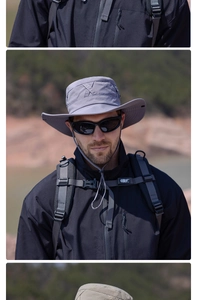 Macro detail of wide-brim outdoor sun hat with adjustable drawstring and quick-dry fabric