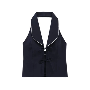 Women Halter Neck Tank Top Scalloped Lapel Bow Tie Slim Fit Polyester Twill Sleeveless Contrast Crop Vest