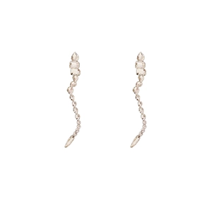 Silver needle drop earrings with sparkling rhinestone tassels on a clean white background