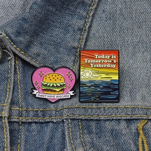 Cartoon enamel heart burger and sunset scenery lapel pins set for denim jackets