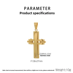 Detail showing a 38x27mm gold stainless steel cross pendant with weight of 10g
