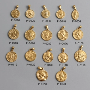 Detailed grid of 17 different 18K gold-plated Roman coin pendants for DIY jewelry