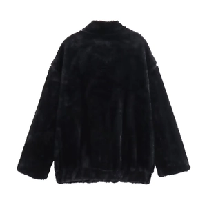 Oversized black faux fur bomber jacket for women with long sleeves and loose silhouette