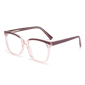 Fashionable pink transparent cat-eye blue light blocking glasses for women in a 45-degree view