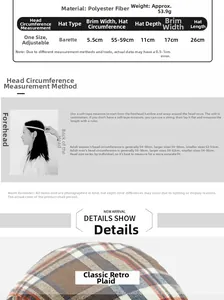 Size chart showing dimensions and head circumference for the vintage plaid beret hat