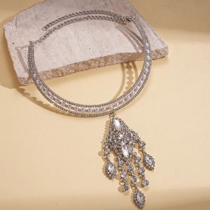 Multi-layer layered choker necklace with pearls, rhinestones and chandelier fringe pendant
