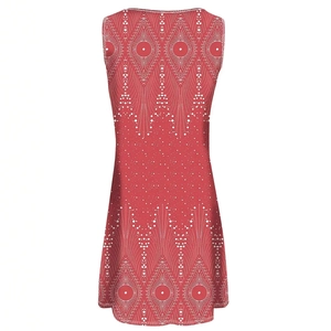 Detailed view of ethnic geometric print on sleeveless red plus size A-line dress