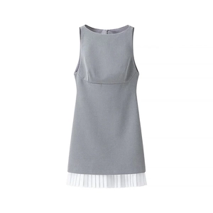 Sleeveless Mini Dress Grey Polyester White Pleated Hem Round Neck Slim Fit Preppy Style Women