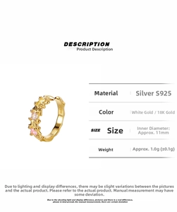 Detail view of S925 sterling silver ear cuff with colorful zircons and size specifications