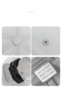 Detailed views of light grey breathable polyester baseball cap with adjustable strap buckle