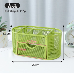 Detailed view of lime green mesh desk organizer showing 9 compartments and center drawer