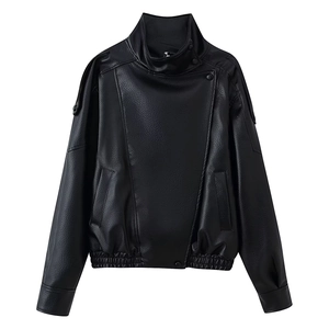 Women black faux leather biker jacket with stand collar and asymmetrical zipper