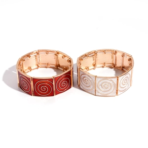 Retro geometric square stretch bracelets with red and cream enamel swirl patterns