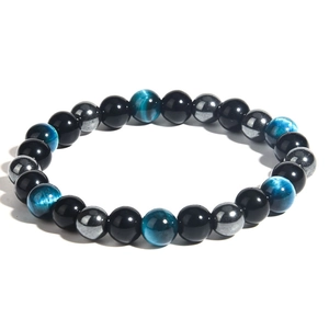 Detailed view of triple protection bracelet with tiger eye, hematite and obsidian beads