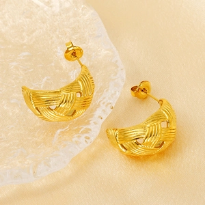 Elegant gold woven mesh hoop earrings in a crescent shape with premium polished finish
