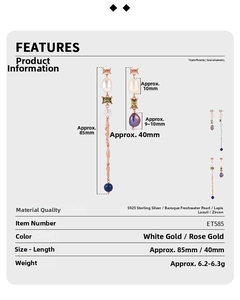 Detailed size and material chart for S925 silver baroque pearl asymmetric earrings