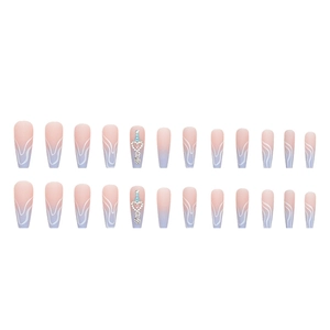 Pink and blue gradient long ballerina fake nails with glitter crystals and heart pendants