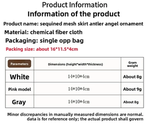 Detailed size chart for handmade Christmas tree angel ornaments with dimensions and weight