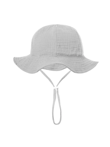 Detailed macro view of light gray crinkle cotton baby sun hat with adjustable chin strap