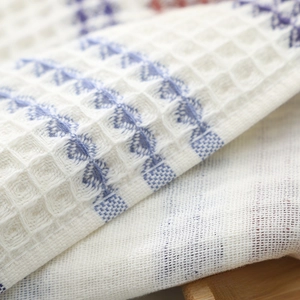 Macro view of blue and white waffle weave pattern on 100% pure cotton facial towel fabric