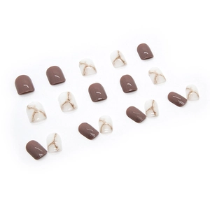 Mocha brown and marble pattern press-on nail set with 24 short square round pieces