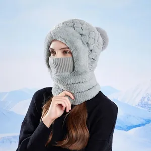 Women winter knit hat with neck gaiter and face mask in gray faux rabbit fur