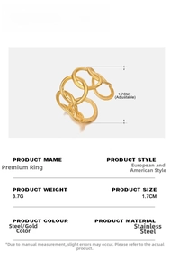 Detail view of adjustable gold stainless steel ring with linked oval geometric design