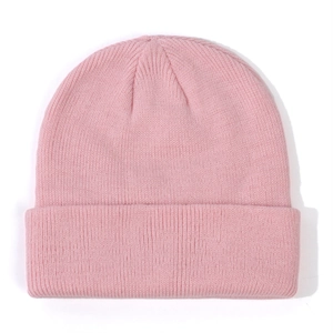 Pink rib-knit winter beanie for babies and kids with a classic wide folded cuff design