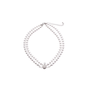 Double-layered pearl necklace with a silver-toned Saturn orb pendant and sparkling crystals