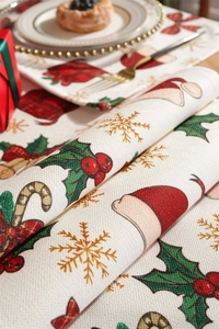 Close-up of Santa Claus digital print on thick poly-cotton Christmas table runner texture