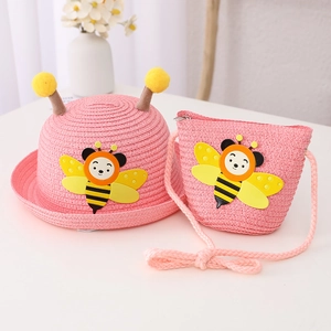 Pink straw sun hat and crossbody bag set for kids with cute cartoon bee decorations