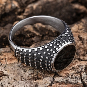Vintage stainless steel ring with black enamel oval stone and rivet textures