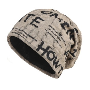 Vintage beige distressed beanie featuring HOW print and double-layer knitted street style