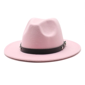 Pink wool fedora hat with a black leather studded band shown against a white background