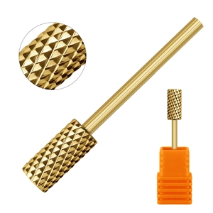 Macro shot of gold cylinder nail drill bit with coarse cross-cut teeth and orange base
