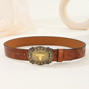 Ceinture western en cuir marron avec gaufrage floral et boucle en métal tête de taureau