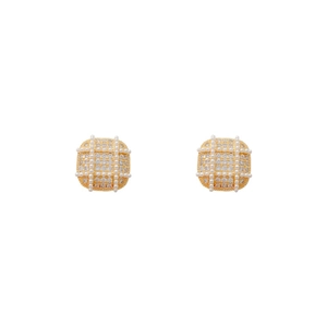 Elegant gold square earrings with white pearls and sparkling rhinestones on white background