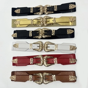 Vintage carved double-buckle elastic belts in black, gold, white, red, and brown colors