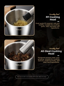 Detail of 304 stainless steel mortar with PP and steel pestles for grinding herbs