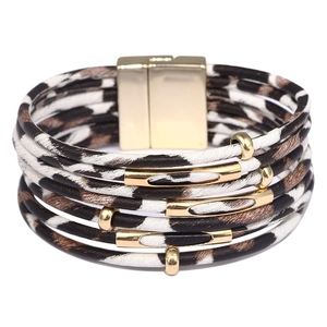Detail of leopard print multi-layer wrap bracelet with gold magnetic clasp and metal beads