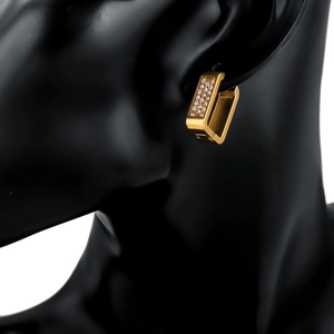 Gold rectangular hoop earrings with double row rhinestones on a black bust display