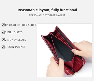 Internal layout of red leather long wallet with 12 card slots and zippered coin pocket