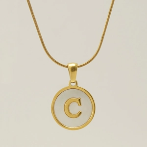 18K gold plated stainless steel snake chain necklace with round shell letter C pendant
