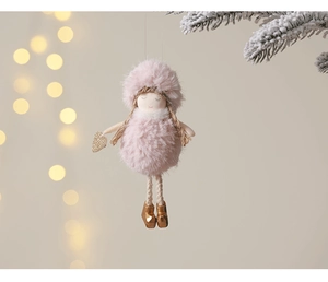 Detailed view of a pink plush angel ornament with golden sequins for Christmas tree decor