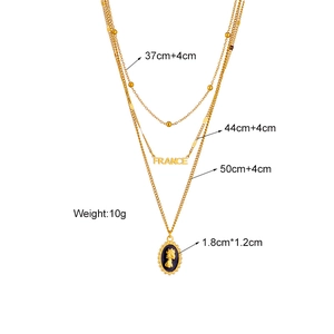 Three-layer gold titanium necklace with France letter plate and vintage cameo pendant