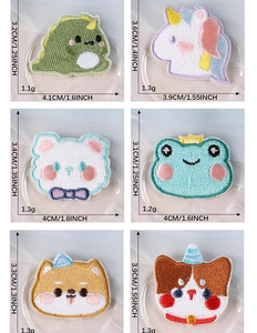 Detailed size chart showing 6 cartoon animal embroidery patches with dimensions and weight