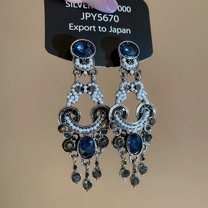 Detailed close-up of vintage earrings with blue gemstones and pearl fringe on card