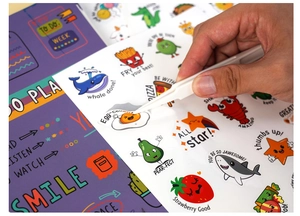 Close-up of tweezers peeling an Egg-cellent cartoon sticker for planner decoration