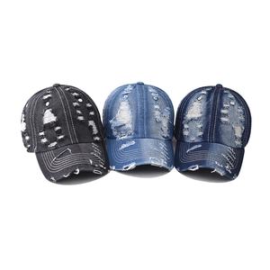 Distressed vintage denim baseball caps set in black, light blue, and navy colors